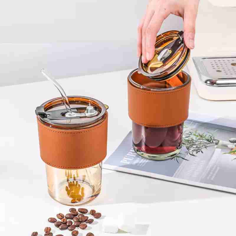 400ml Plastic Coffee Cup With Straw, Bamboo Shaped Glass Cup With Leather Cover, Double Wall Insulated Glass Cup 400ml Plastic Coffee Cup With Straw, Bamboo Shaped Glass Cup With Leather Cover, Double Wall Insulated Glass Cup